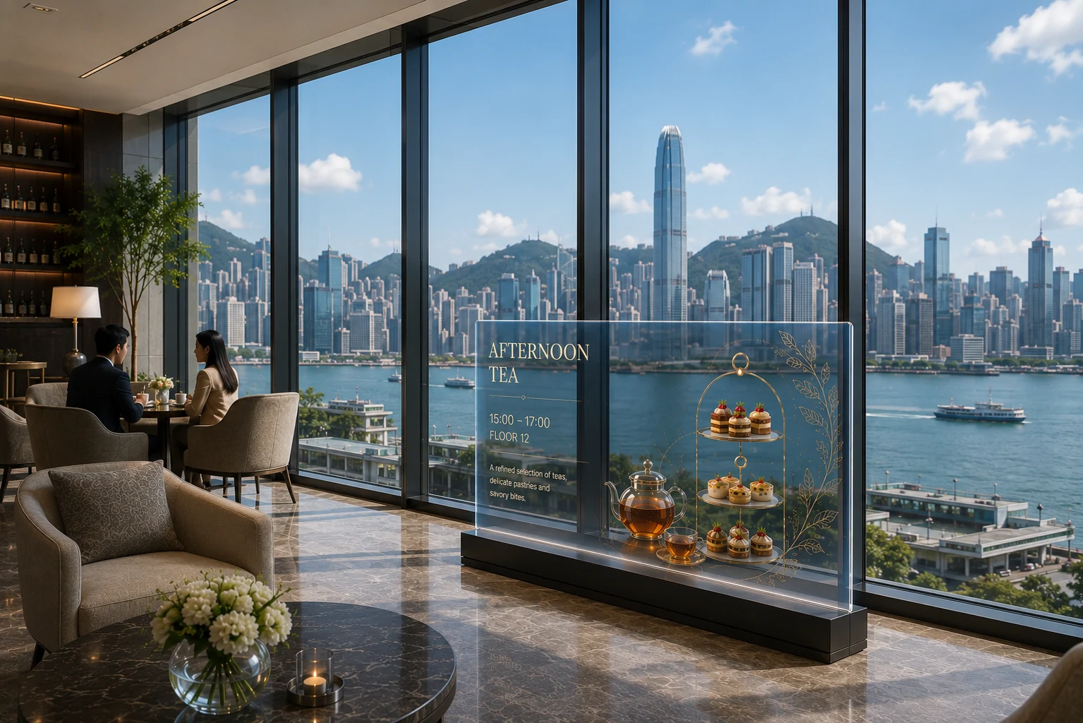 Transparent afternoon-tea information display inside a hotel lounge