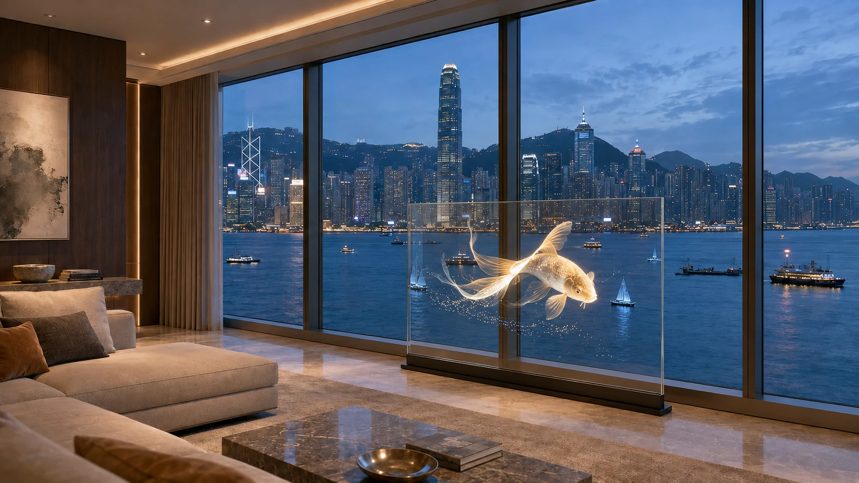 Freestanding transparent media display integrated into a luxury waterfront residence