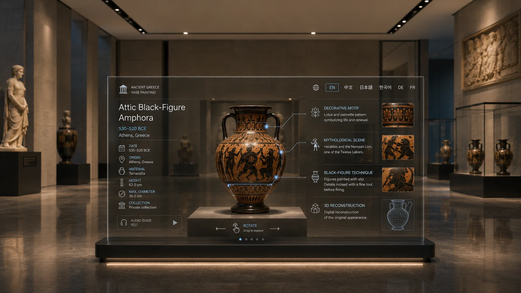 Transparent interpretation display aligned with a visible museum artifact