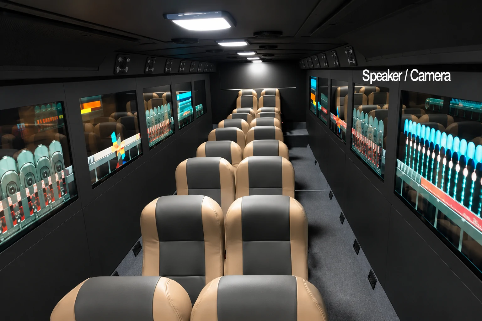 Transparent passenger-information displays integrated along the windows of a premium coach interior