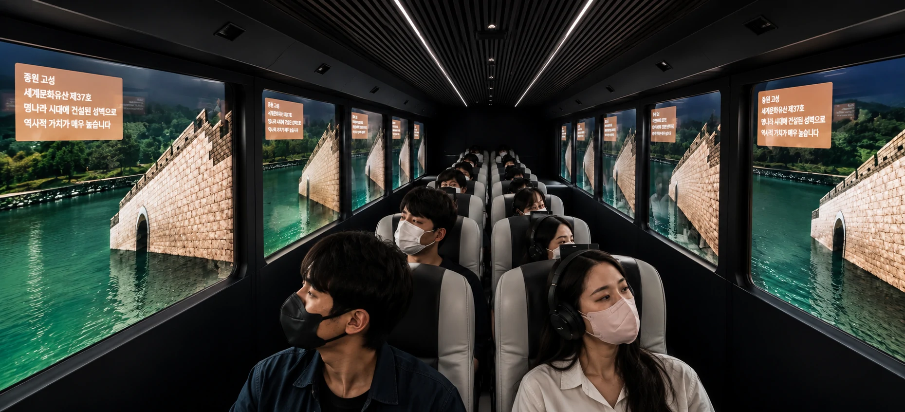 Transparent sightseeing information displayed across the windows of a passenger coach
