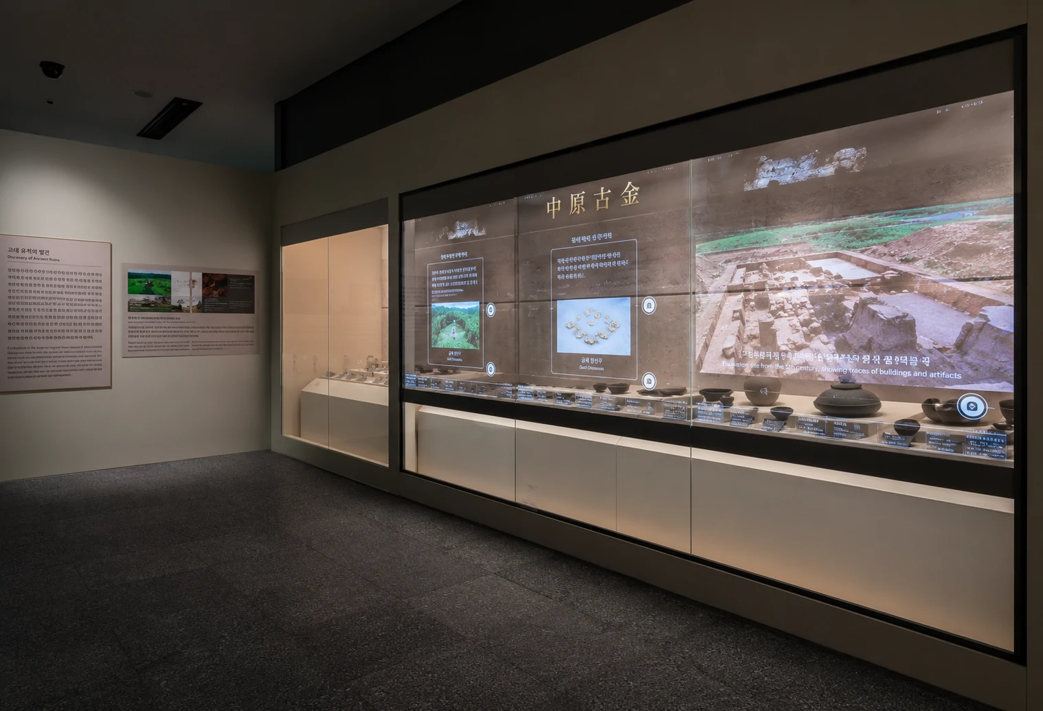 Wide transparent interpretation display integrated with a museum collection wall