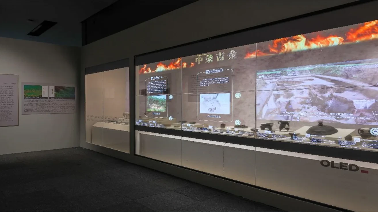 Real transparent OLED interpretation wall installed with an archaeological collection