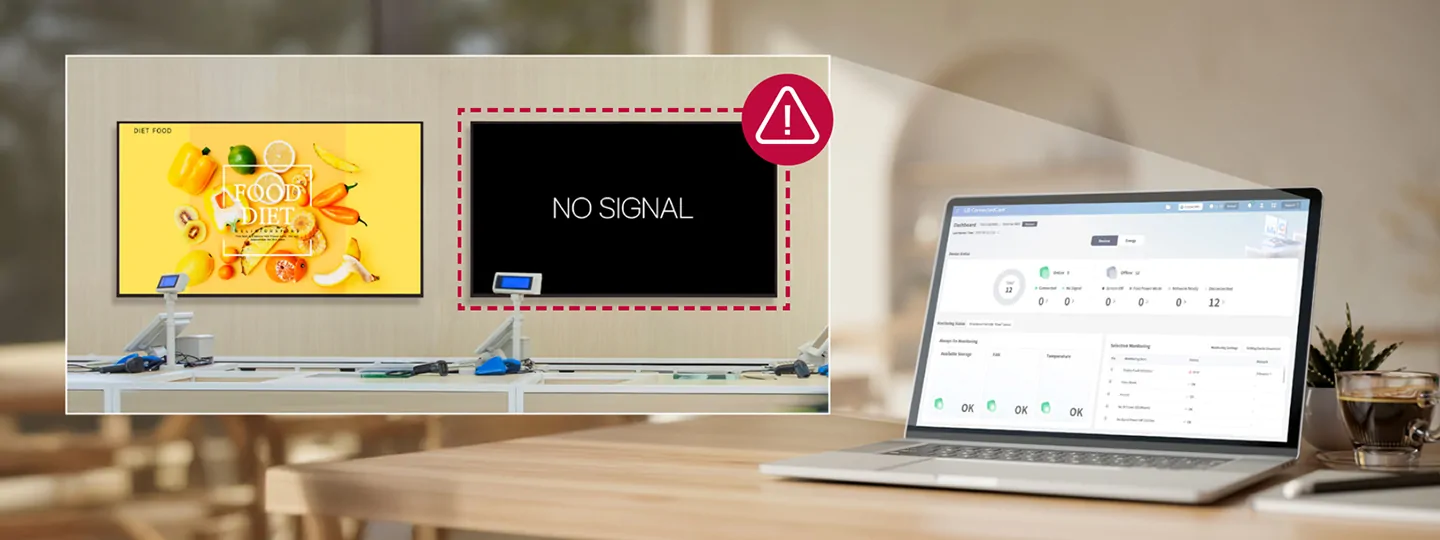 Remote display monitoring dashboard reporting a no-signal fault across connected signage screens