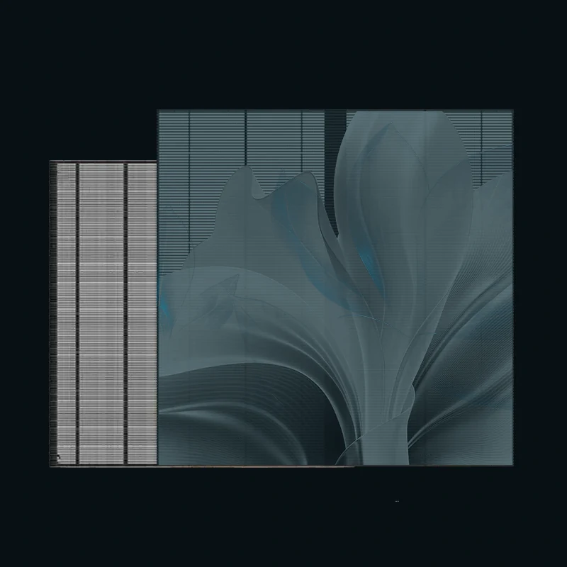 Modular transparent LED cabinet shown in active and display-off configurations