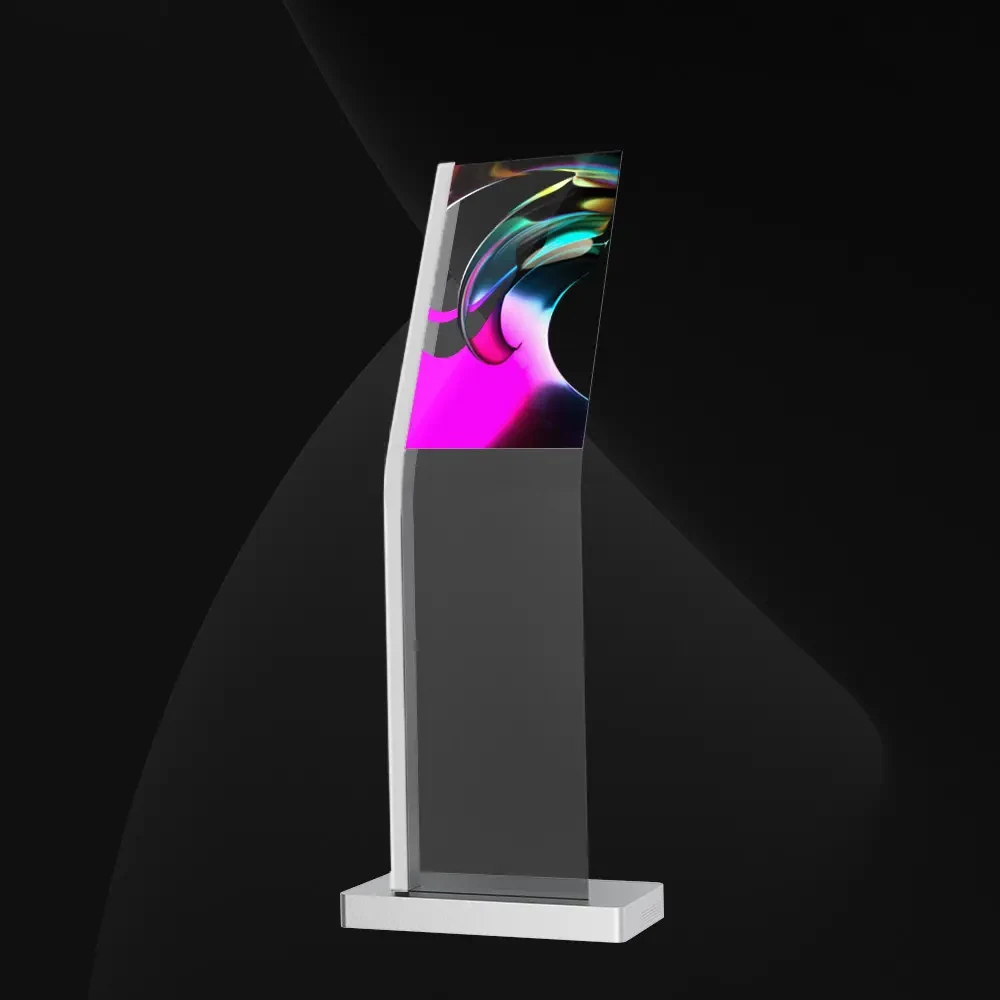 30-inch transparent OLED touch kiosk in a freestanding commercial enclosure