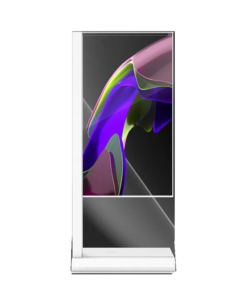 55-inch vertical transparent OLED signage display in a freestanding enclosure