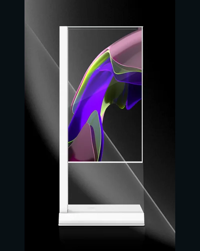 55-inch vertical transparent OLED signage display in a freestanding enclosure