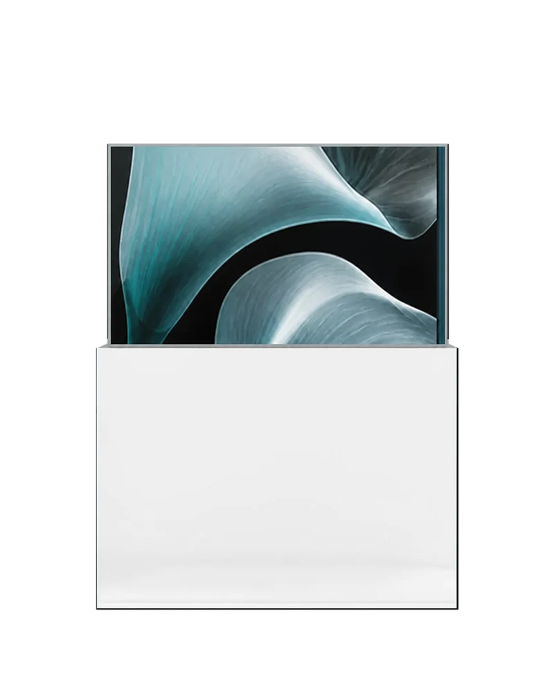 55-inch transparent OLED interactive kiosk with a white freestanding enclosure