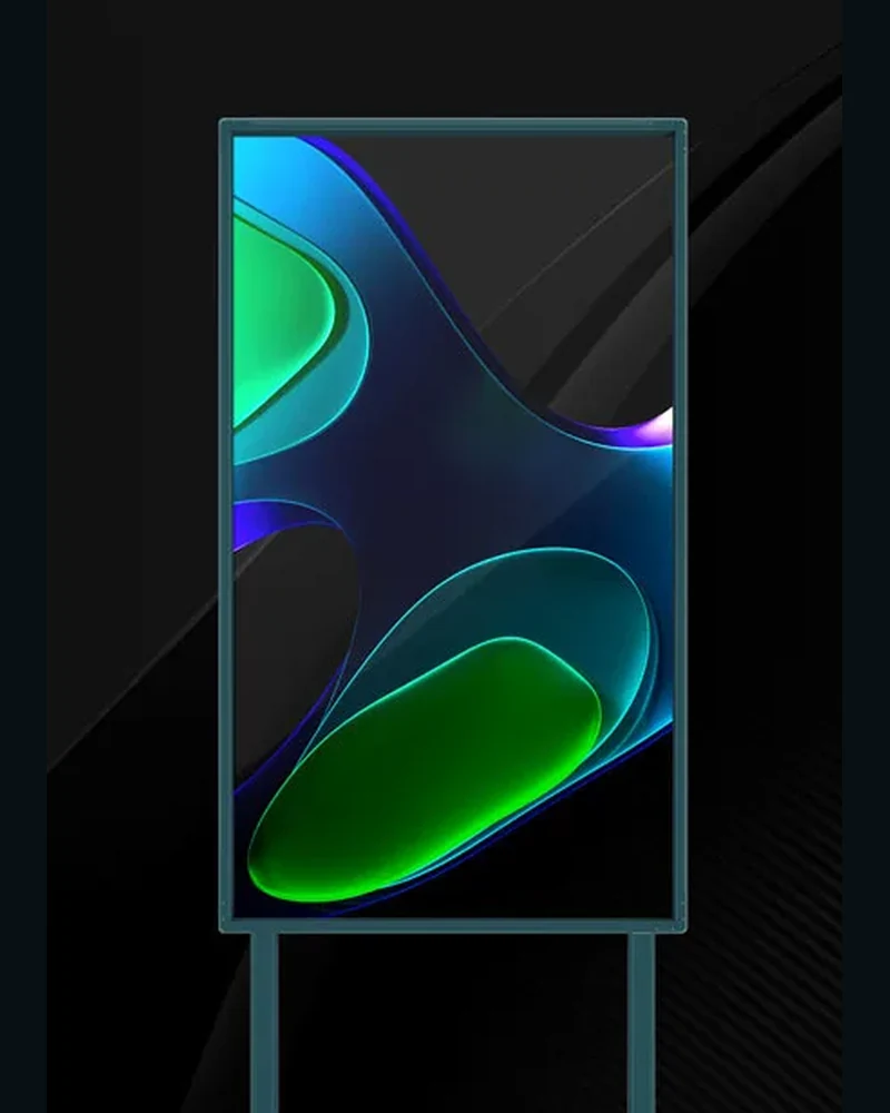 55-inch portrait transparent OLED interactive kiosk in a freestanding enclosure
