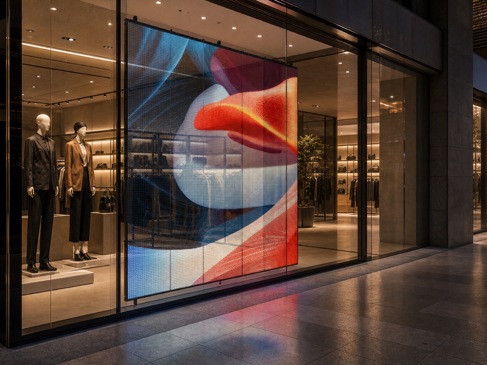 BTX-TP transparent LED application across a glass retail storefront with the store interior visible through the display
