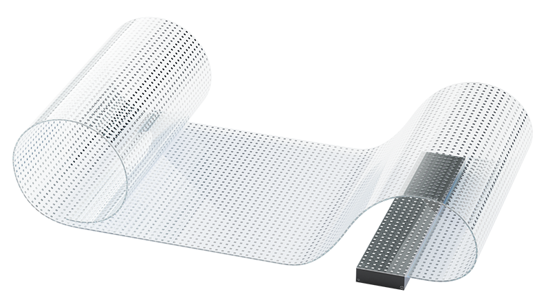 Flexible transparent LED film with an edge connection rail