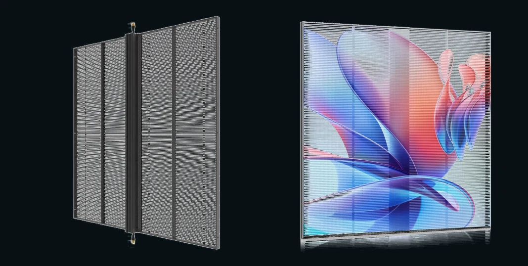 Indoor transparent LED cabinet shown from the front and rear in the reviewed supplier catalogue